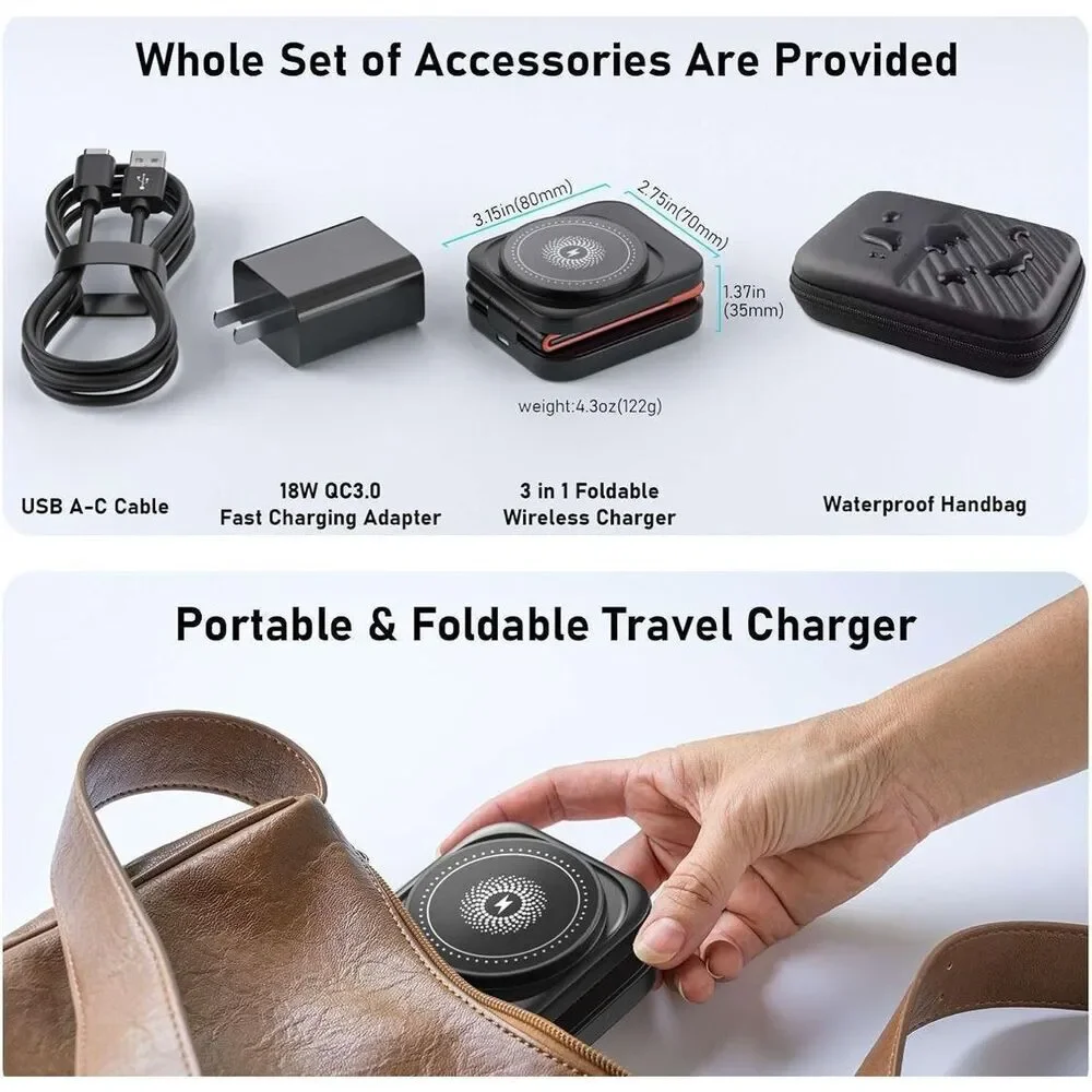 Foldable 3-in-1 Magnetic Wireless Charging Station‎ Black With Carrying Case